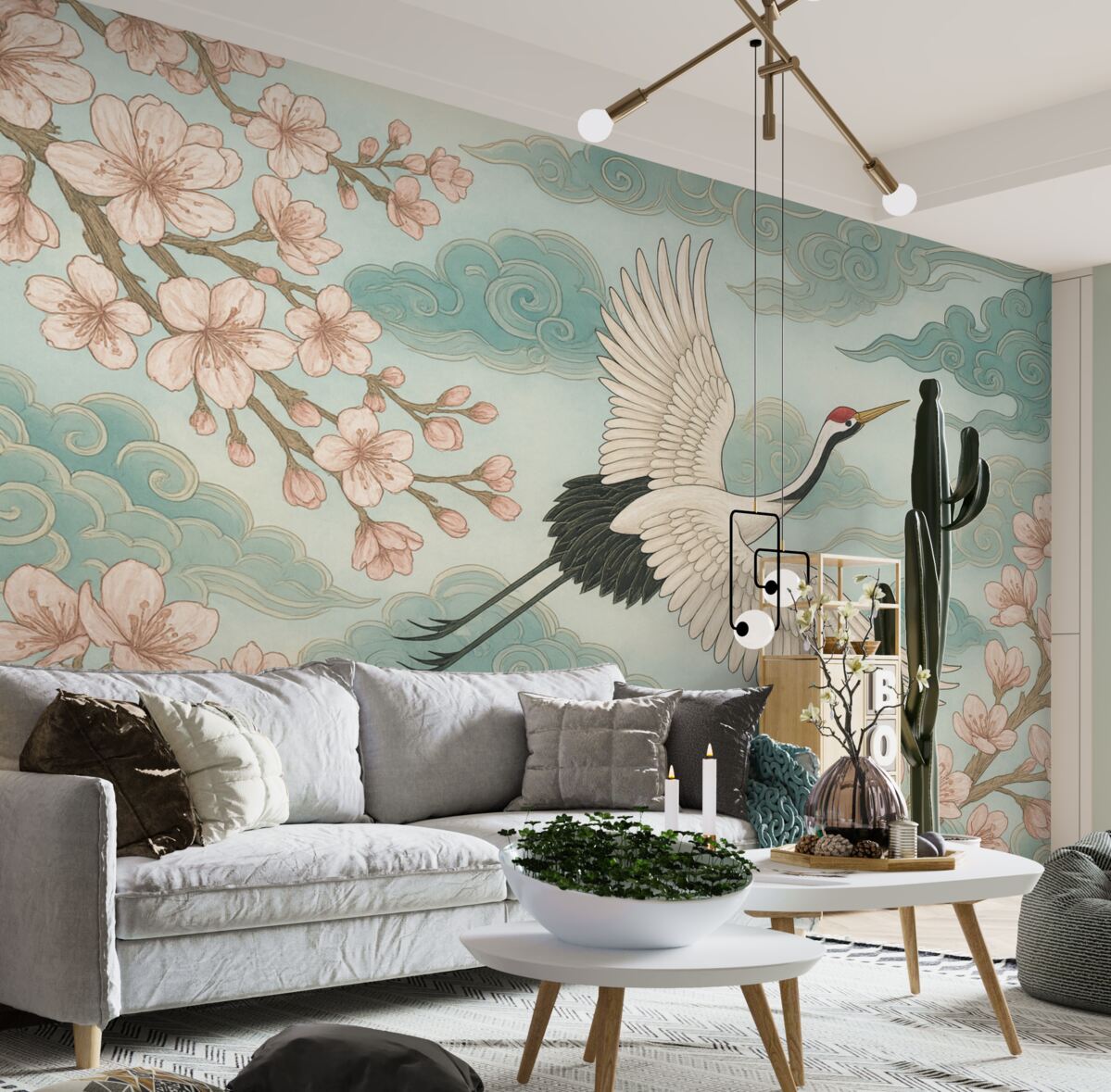 Fototapeta Żuraw, kwiaty, japońskie obłoki.