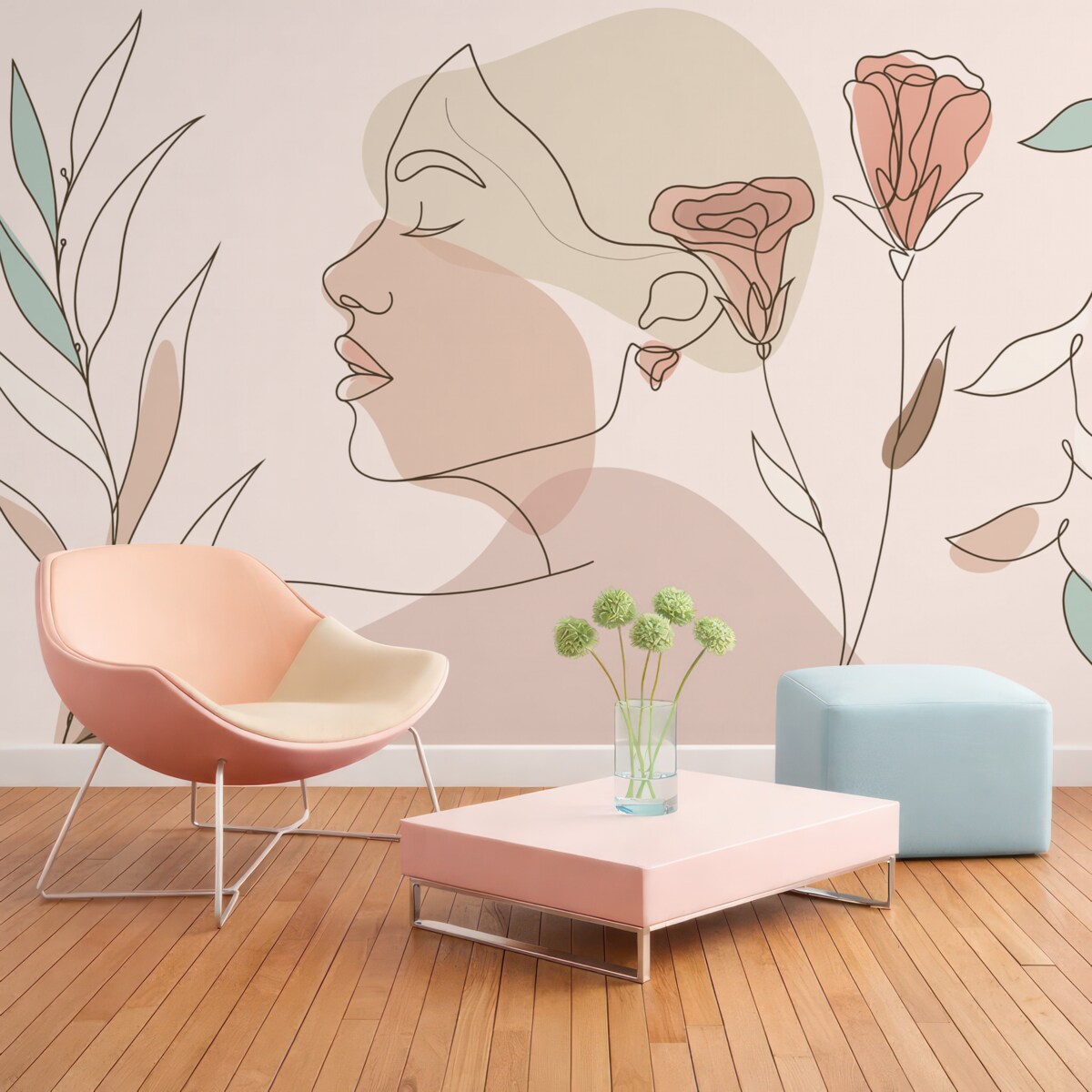 Fototapeta Dziewczyna z paskami, barwne kwiaty.