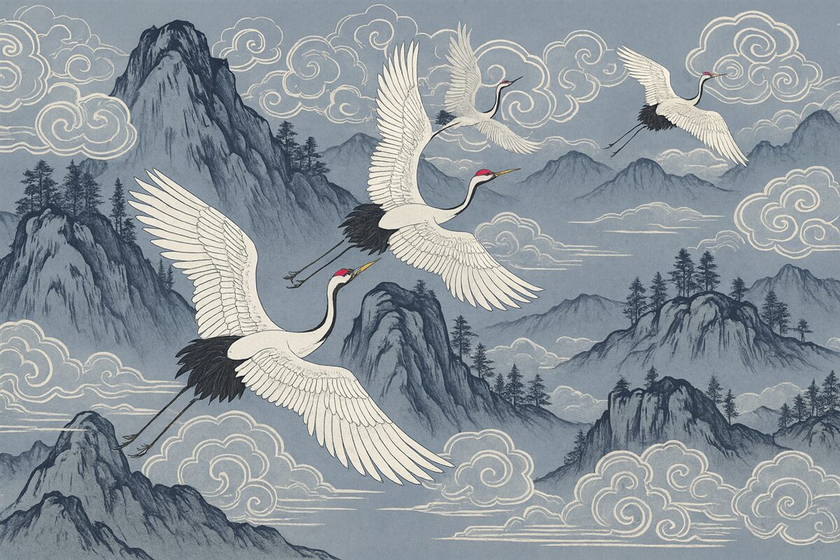 Fototapeta Góry i żurawie w japońskim stylu, w odcieniach niebieskiego.
