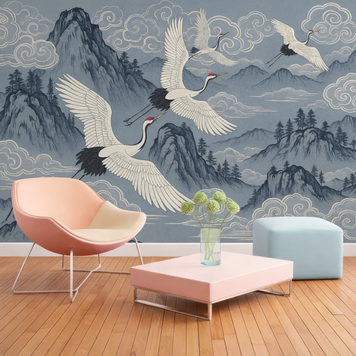 Fototapeta Góry i żurawie w japońskim stylu, w odcieniach niebieskiego.