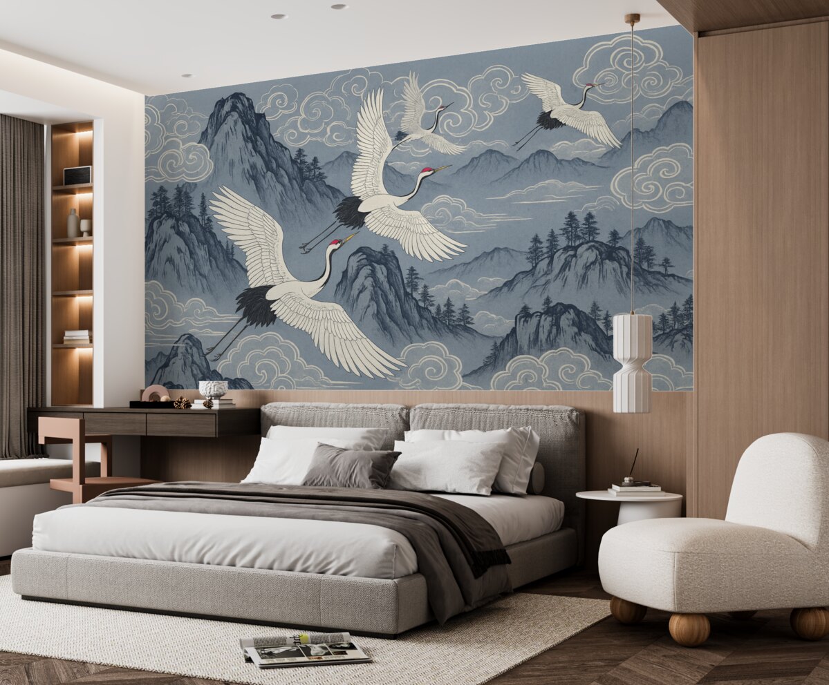 Fototapeta Góry i żurawie w japońskim stylu, w odcieniach niebieskiego.