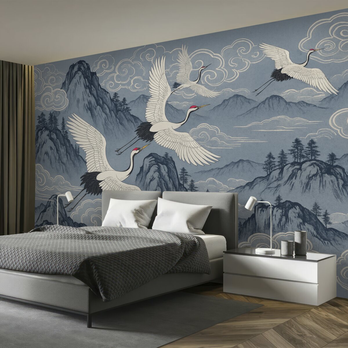 Fototapeta Góry i żurawie w japońskim stylu, w odcieniach niebieskiego.