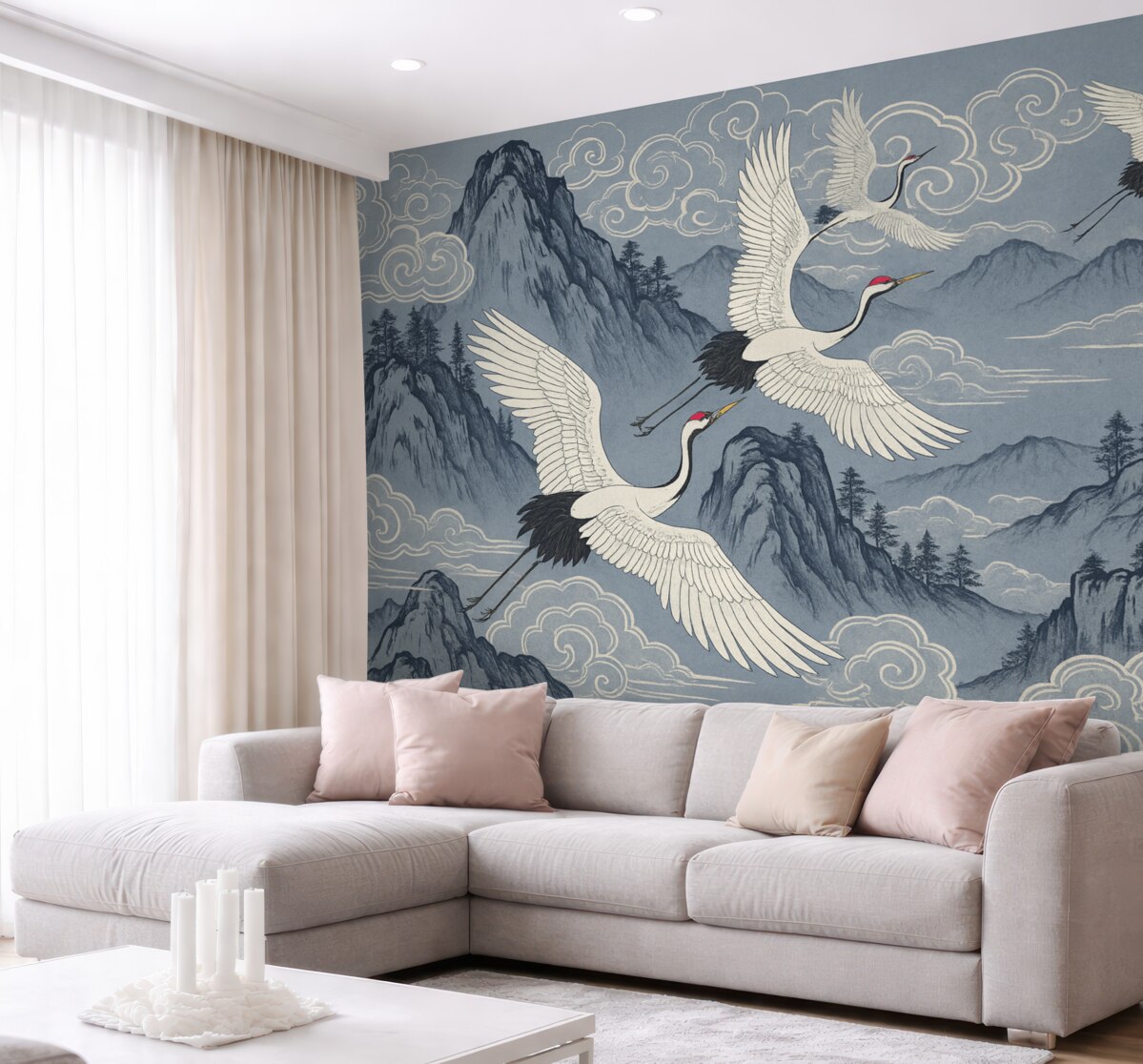 Fototapeta Góry i żurawie w japońskim stylu, w odcieniach niebieskiego.