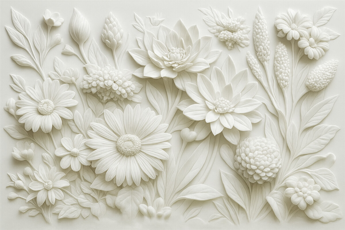 Fototapeta Tapeta w stylu rzeźby płaskiej z ogrodowymi kwiatami.