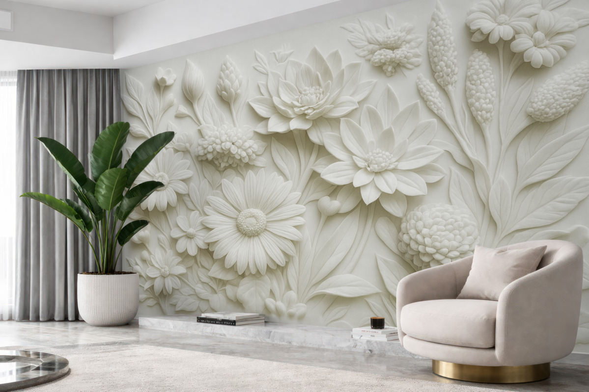 Fototapeta Tapeta w stylu rzeźby płaskiej z ogrodowymi kwiatami.