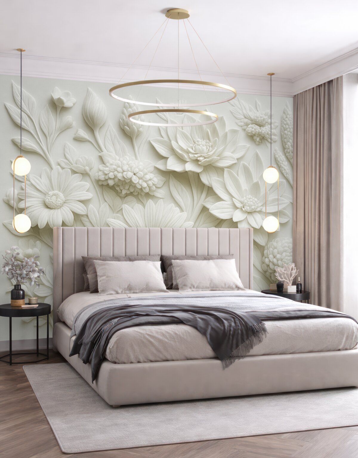 Fototapeta Tapeta w stylu rzeźby płaskiej z ogrodowymi kwiatami.