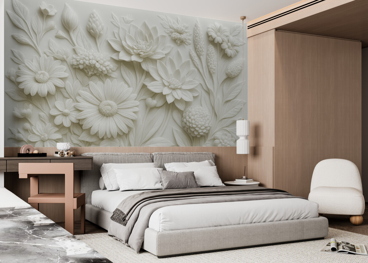 Fototapeta Tapeta w stylu rzeźby płaskiej z ogrodowymi kwiatami.