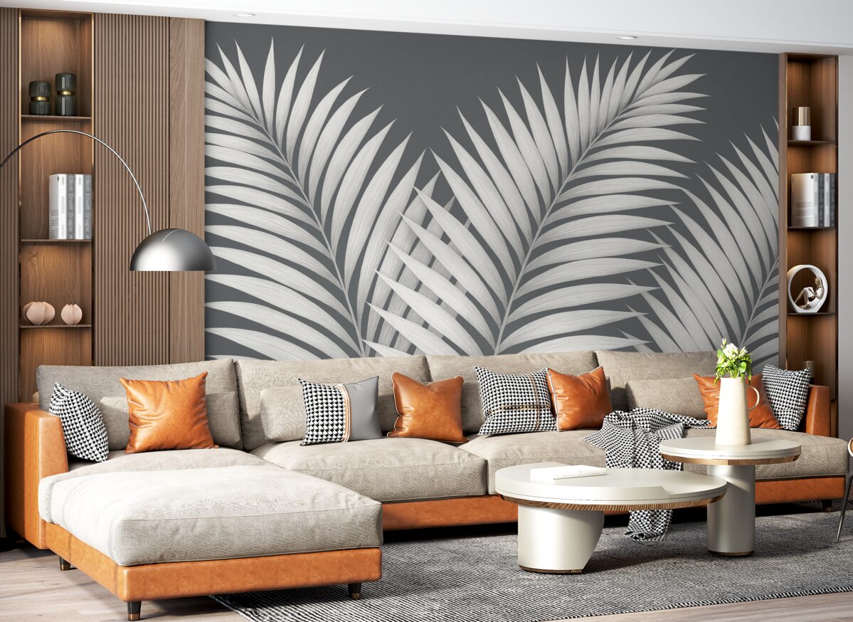 Fototapeta Liście palmowe z zadrzewieniem.