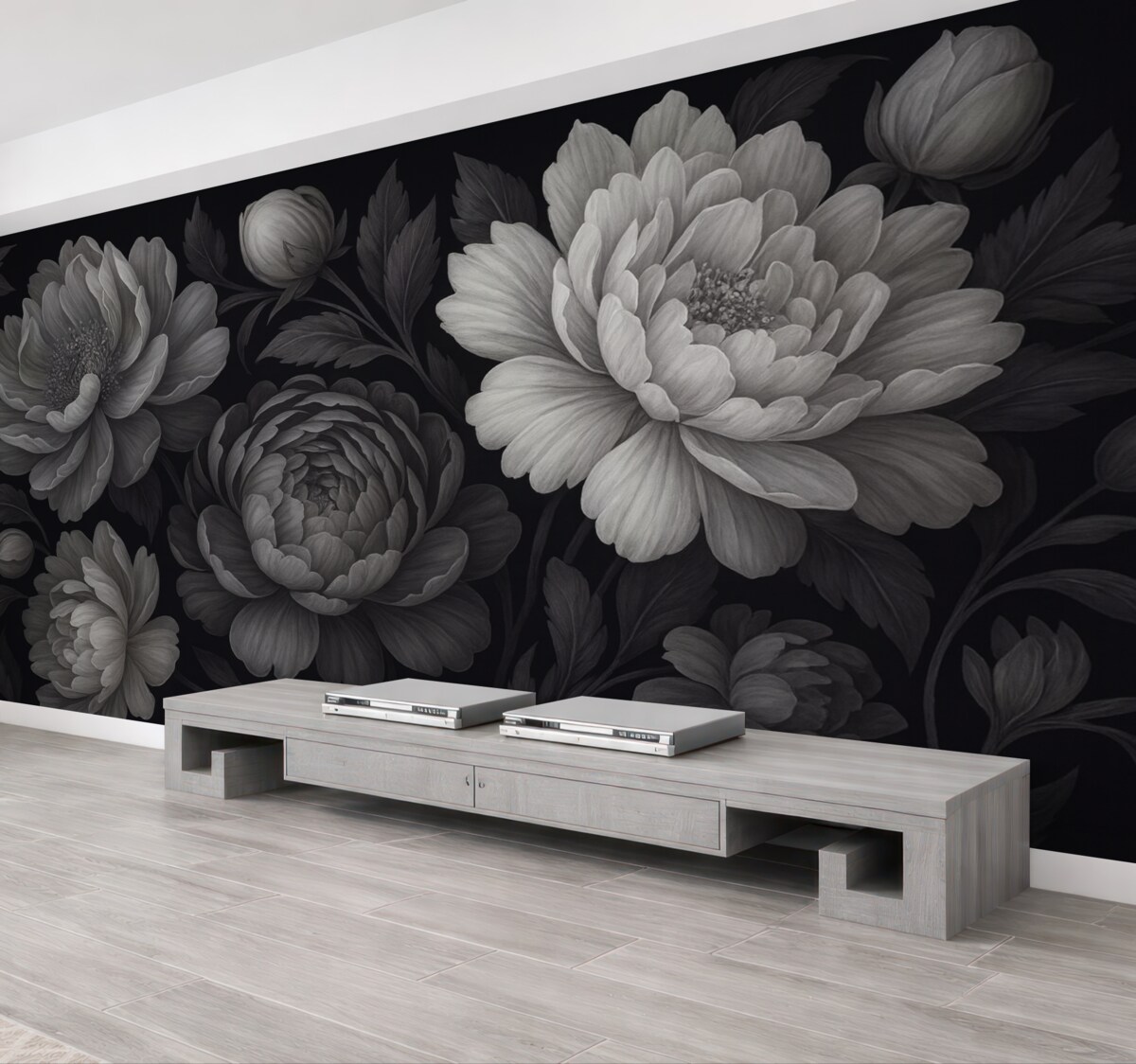 Fototapeta Czarne oraz szare kwiaty na mrocznym tle.