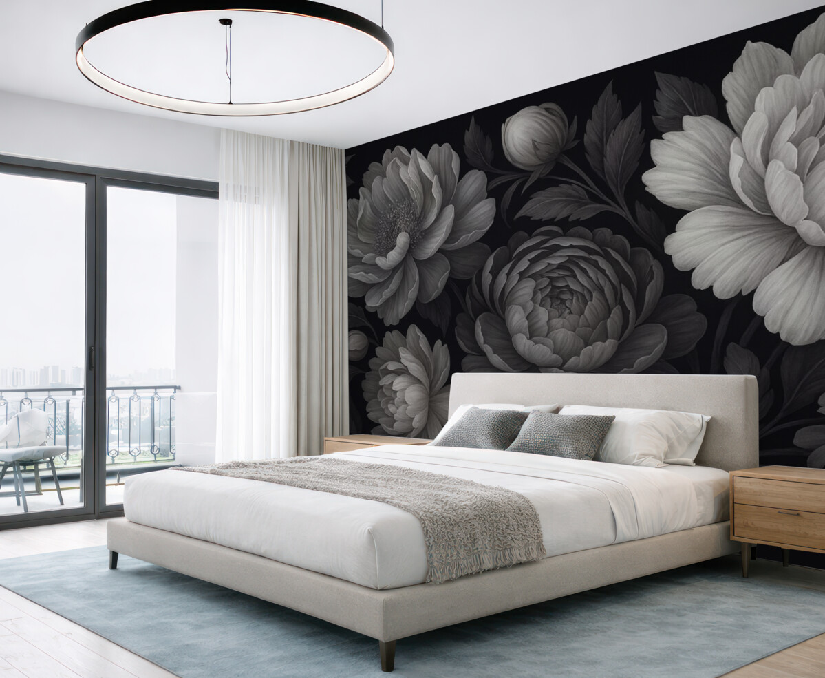 Fototapeta Czarne oraz szare kwiaty na mrocznym tle.