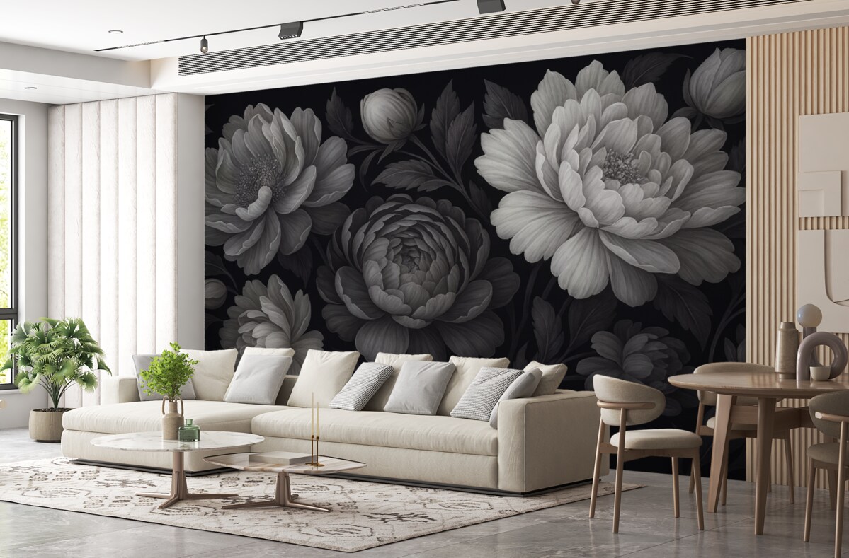 Fototapeta Czarne oraz szare kwiaty na mrocznym tle.