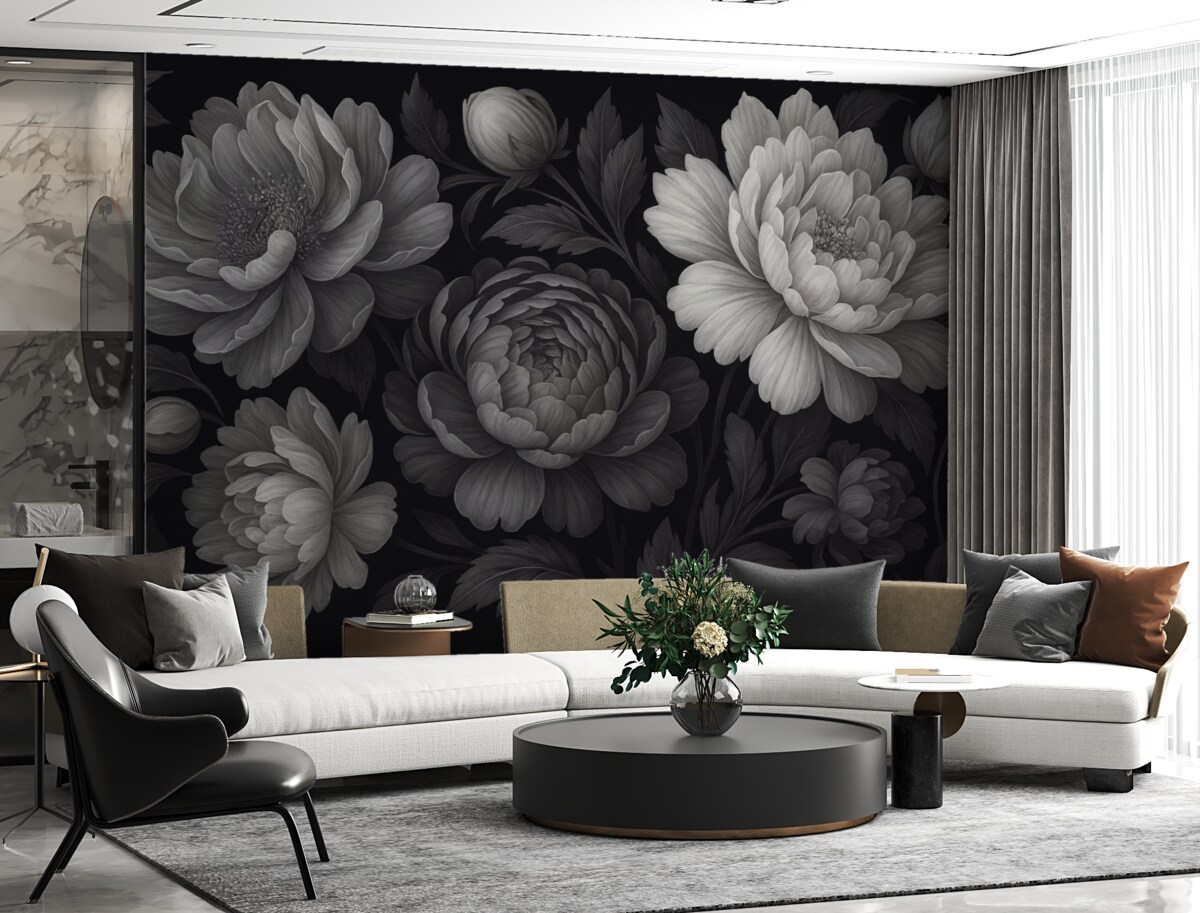 Fototapeta Czarne oraz szare kwiaty na mrocznym tle.