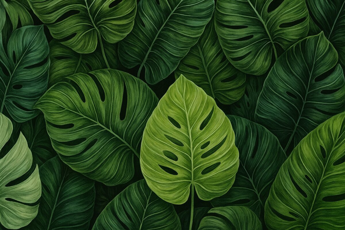 Fototapeta Tropikalne liście monstery w przeróżnych tonach zieleni.