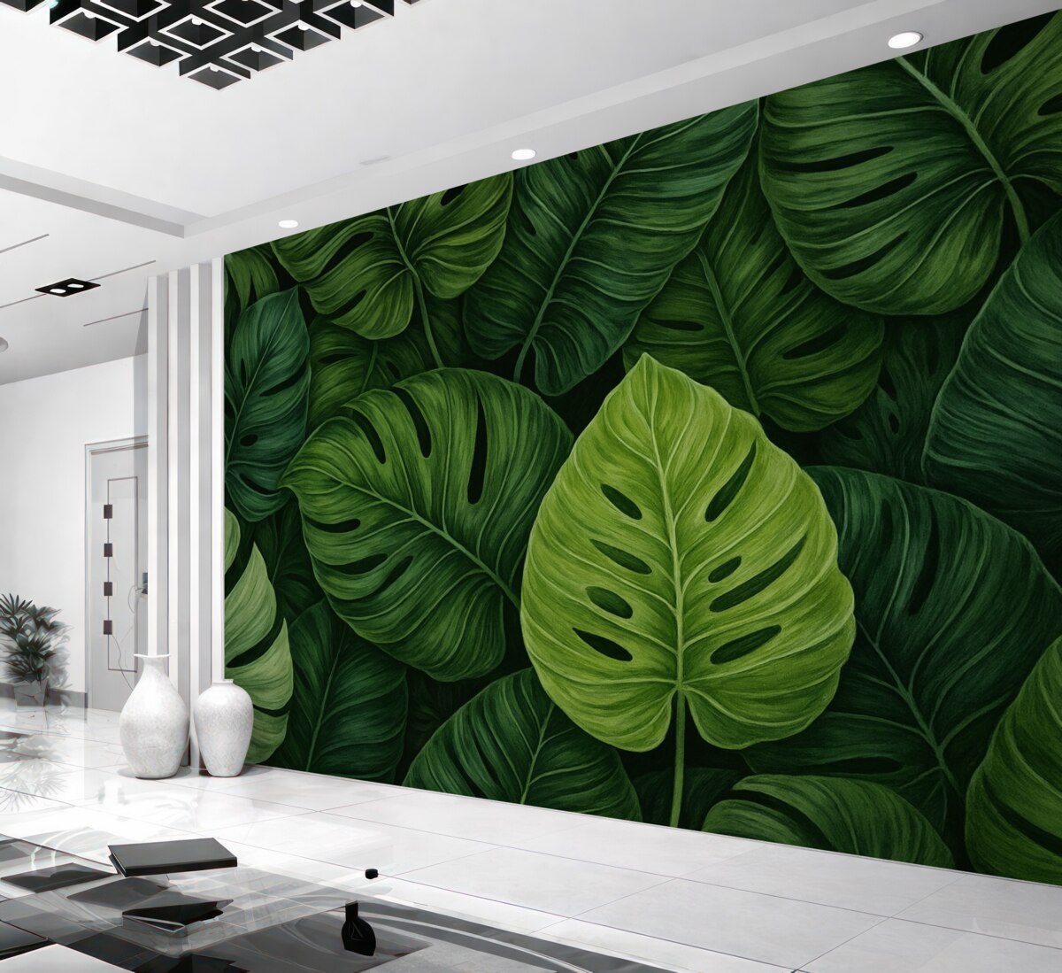 Fototapeta Tropikalne liście monstery w przeróżnych tonach zieleni.