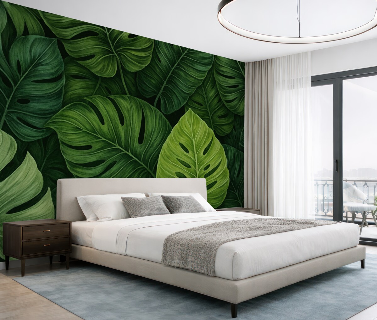 Fototapeta Tropikalne liście monstery w przeróżnych tonach zieleni.