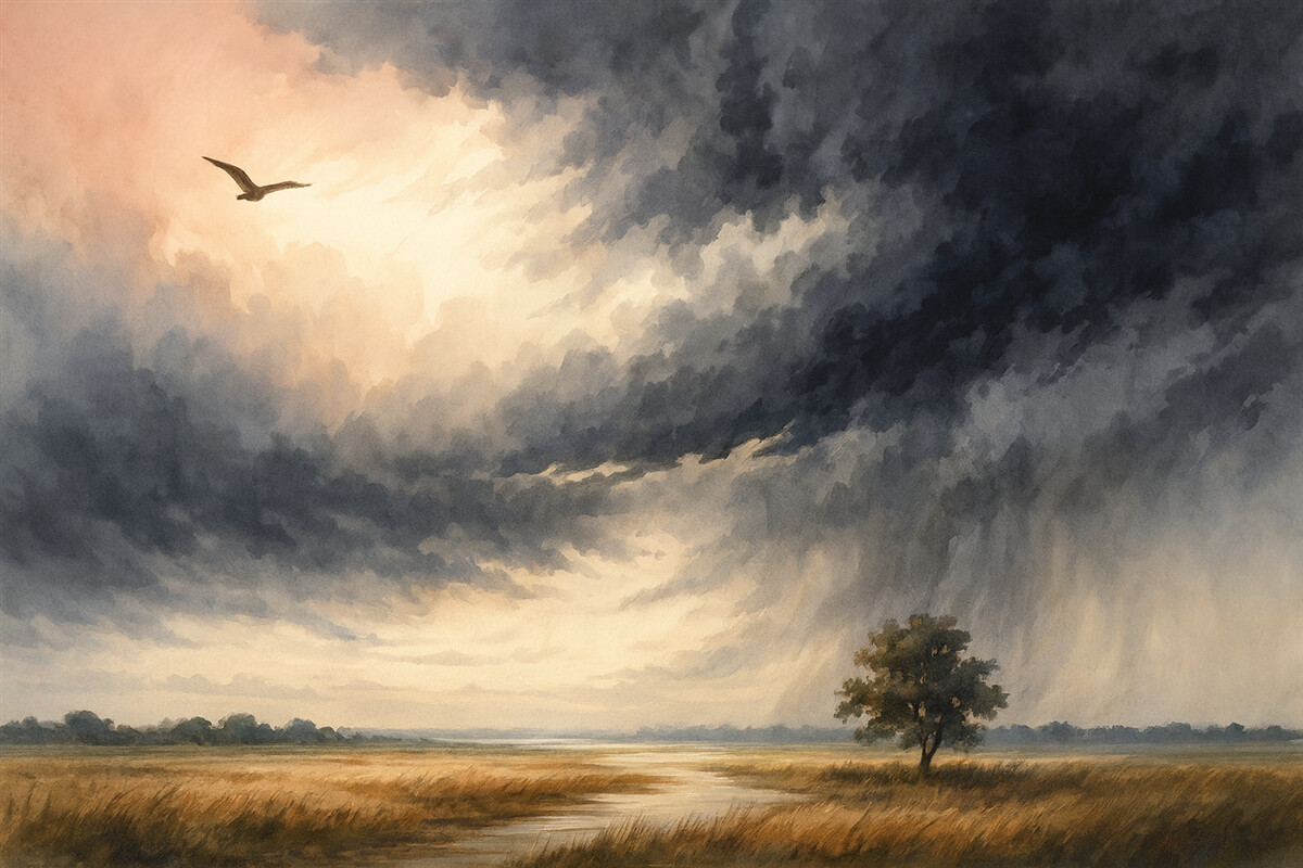 Fototapeta Burzowe niebo nad łąką imitacja farb wodnych.