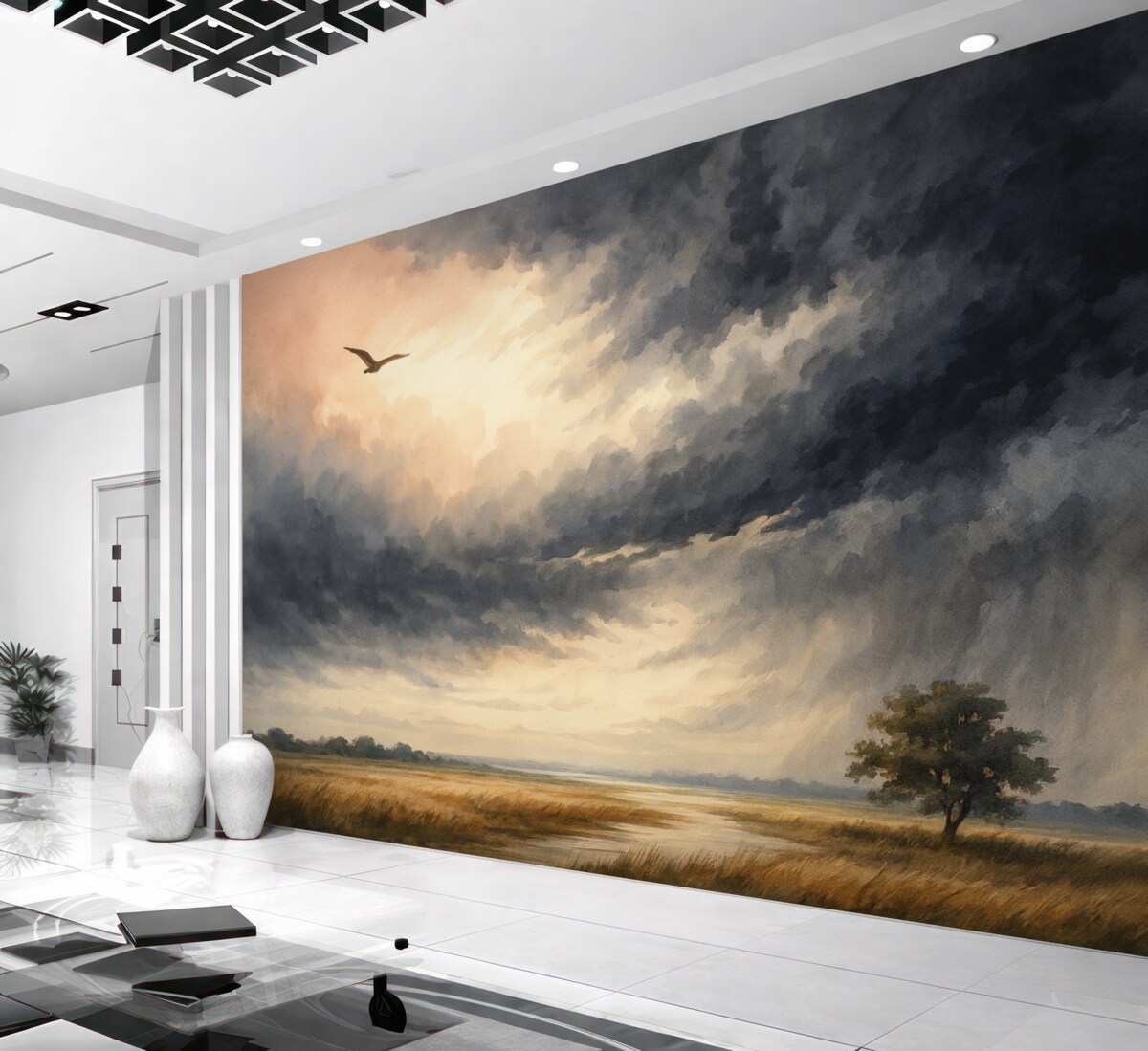 Fototapeta Burzowe niebo nad łąką imitacja farb wodnych.