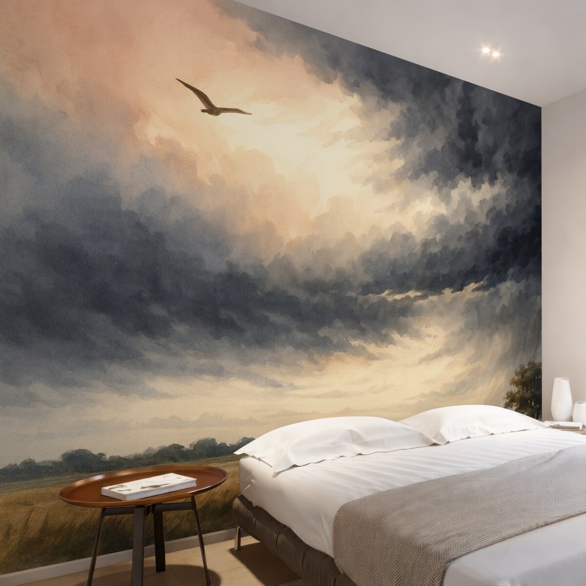 Fototapeta Burzowe niebo nad łąką imitacja farb wodnych.