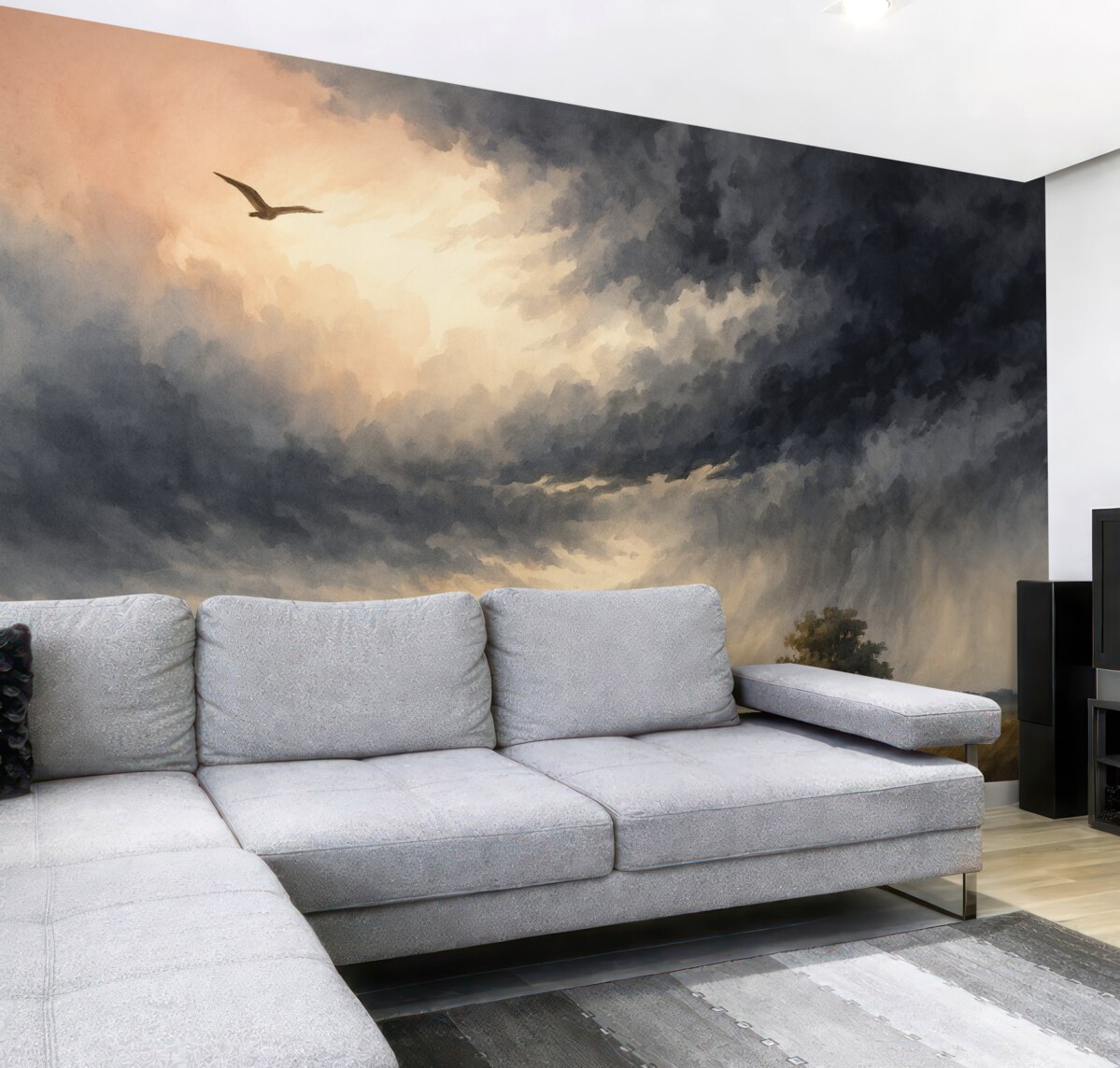 Fototapeta Burzowe niebo nad łąką imitacja farb wodnych.