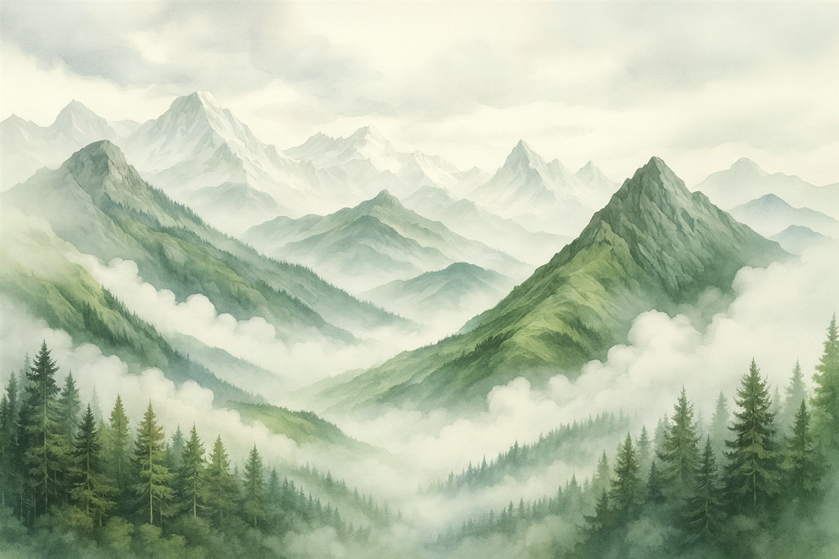 Fototapeta Las u stóp skalistych gór przypomina akwarelę.