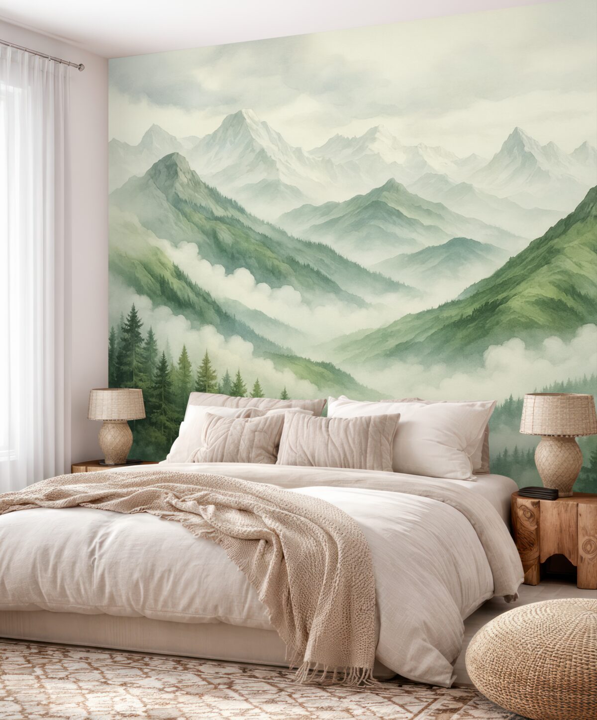 Fototapeta Las u stóp skalistych gór przypomina akwarelę.