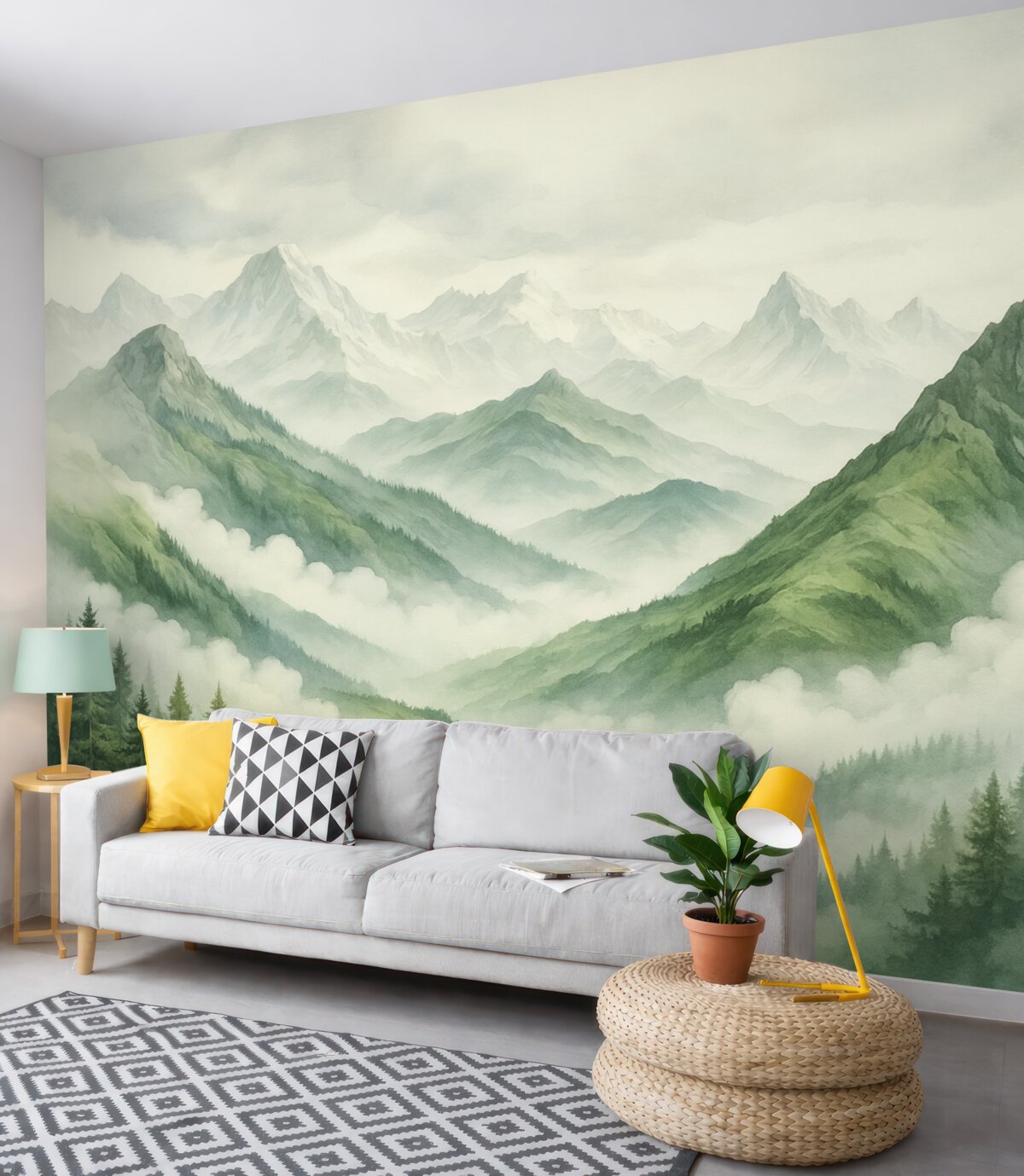 Fototapeta Las u stóp skalistych gór przypomina akwarelę.