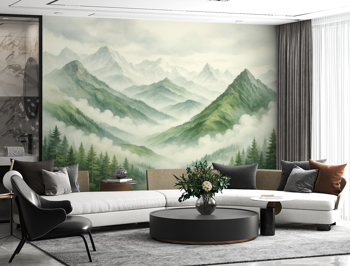 Fototapeta Las u stóp skalistych gór przypomina akwarelę.