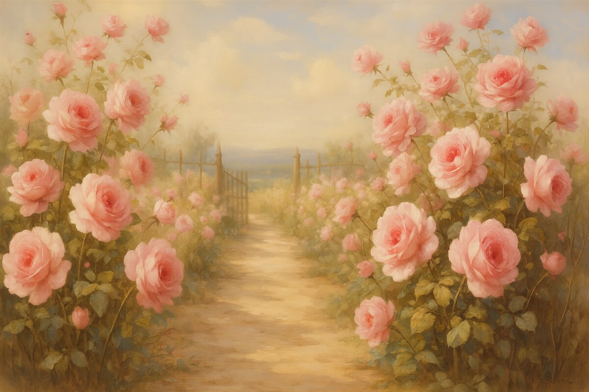 Fototapeta Ogród z różami naśladowujący pociągnięcia pędzla.