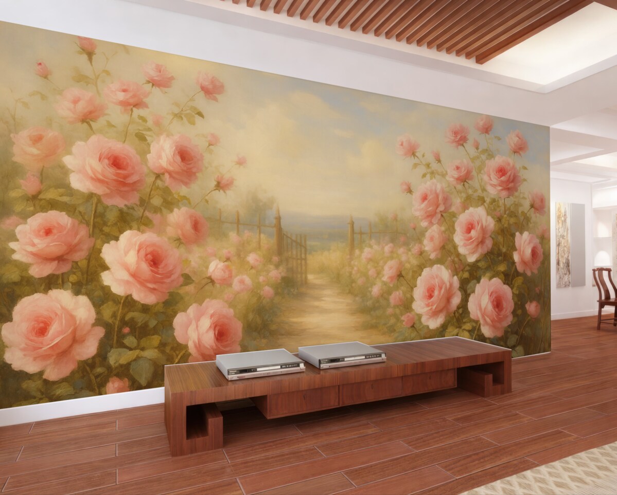 Fototapeta Ogród z różami naśladowujący pociągnięcia pędzla.