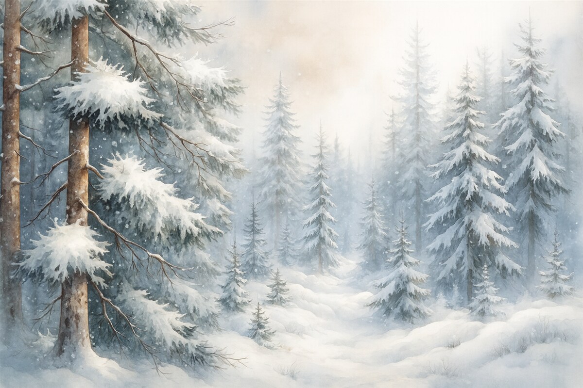 Fototapeta Śnieżny las w stylu akwareli.