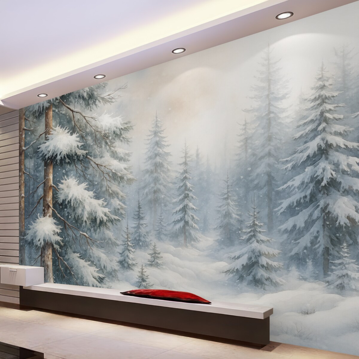 Fototapeta Śnieżny las w stylu akwareli.