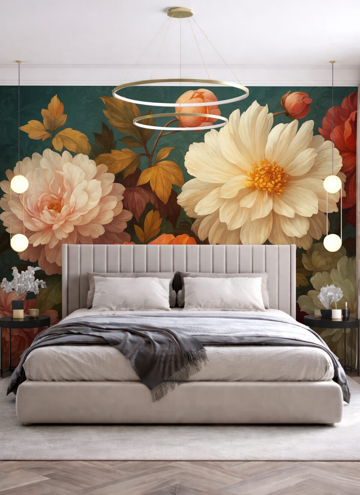 Fototapeta Wielkie kwiaty w różnych odcieniach, chryzantema, peonia.