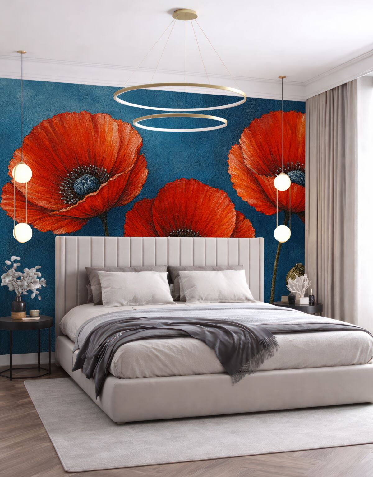 Fototapeta Pomalowane rubinowe maki na błękitnej betonowej ścianie.