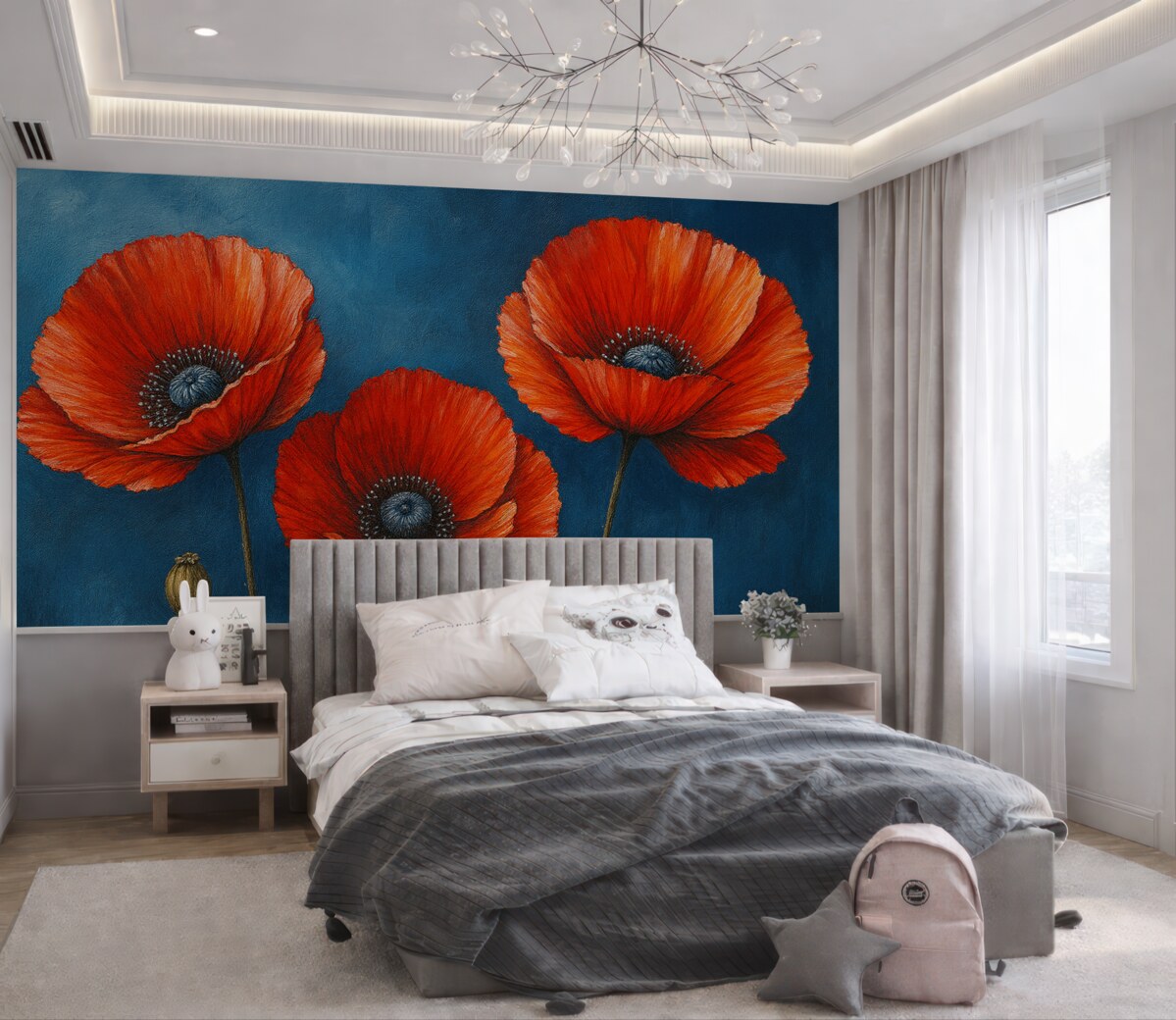 Fototapeta Pomalowane rubinowe maki na błękitnej betonowej ścianie.