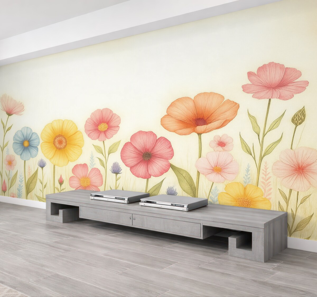 Fototapeta Subtelnie kwitnący ogród w technice akwarelowej.