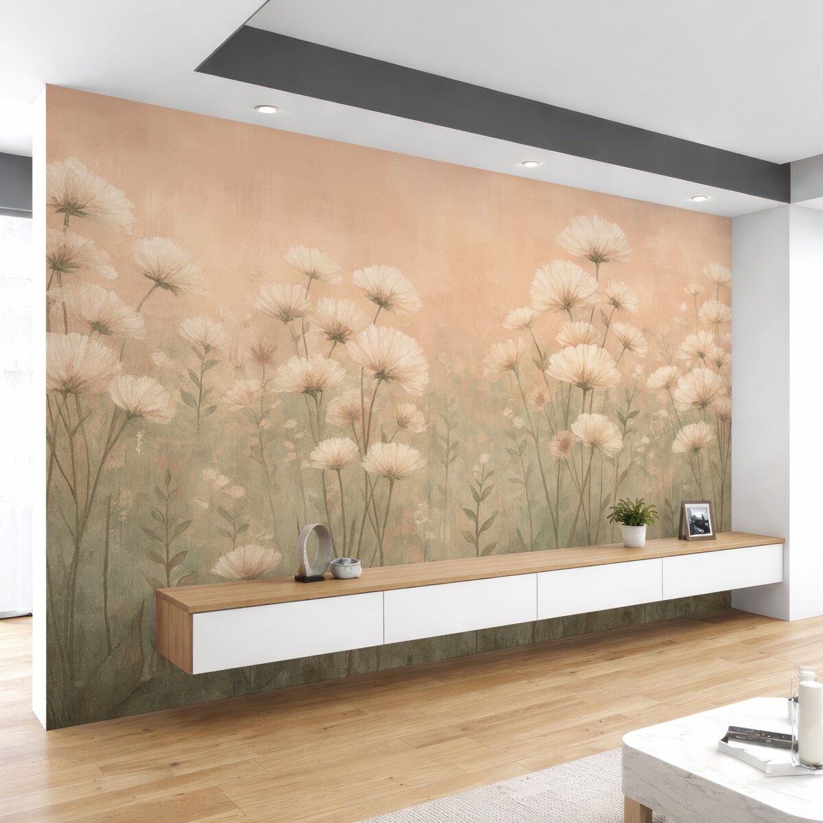 Fototapeta Subtelne łąkowe kwiaty z efektem malarskiego pociągnięcia w odcieniach różu.