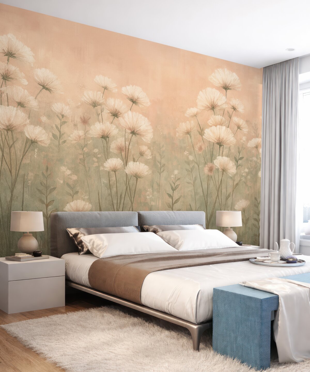 Fototapeta Subtelne łąkowe kwiaty z efektem malarskiego pociągnięcia w odcieniach różu.