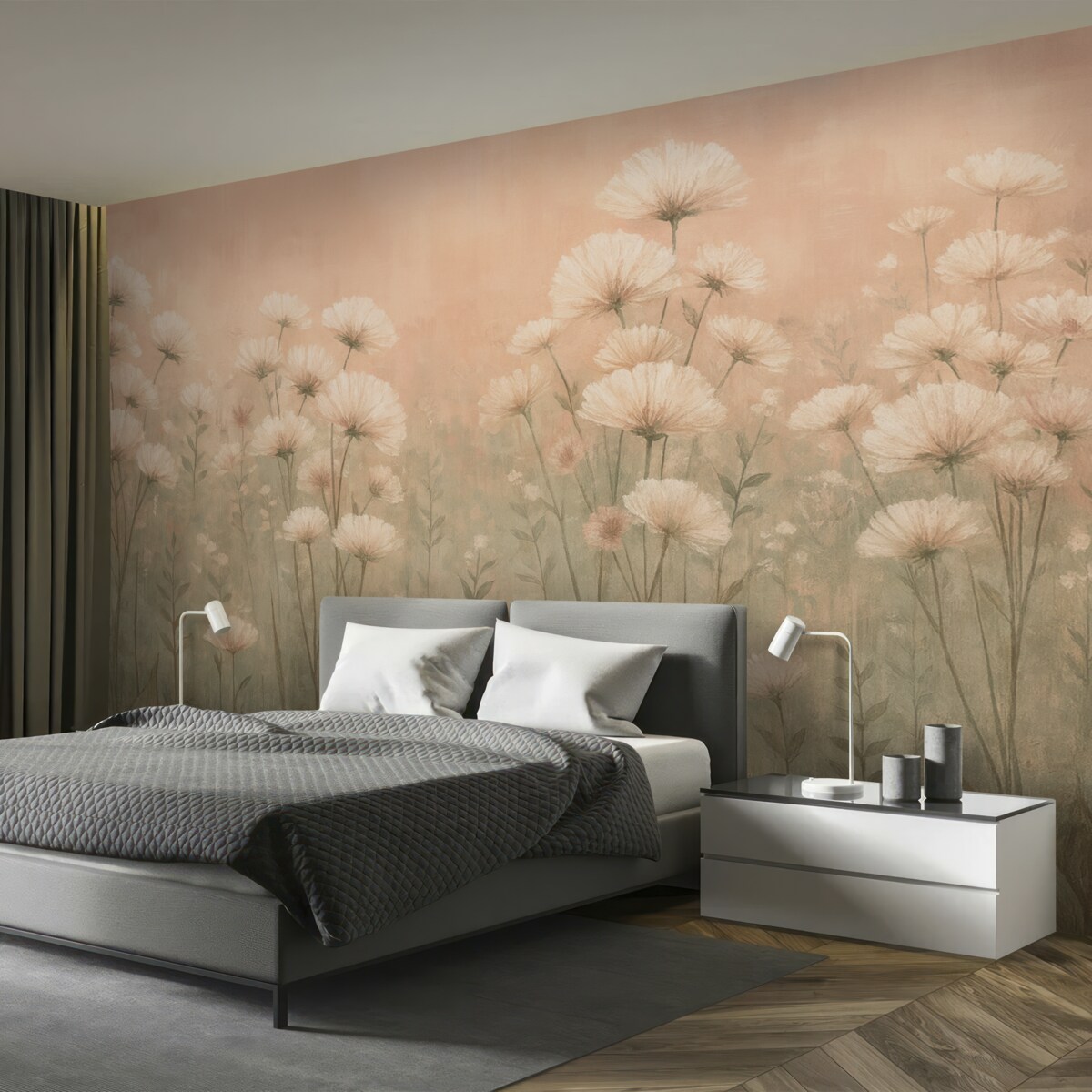 Fototapeta Subtelne łąkowe kwiaty z efektem malarskiego pociągnięcia w odcieniach różu.