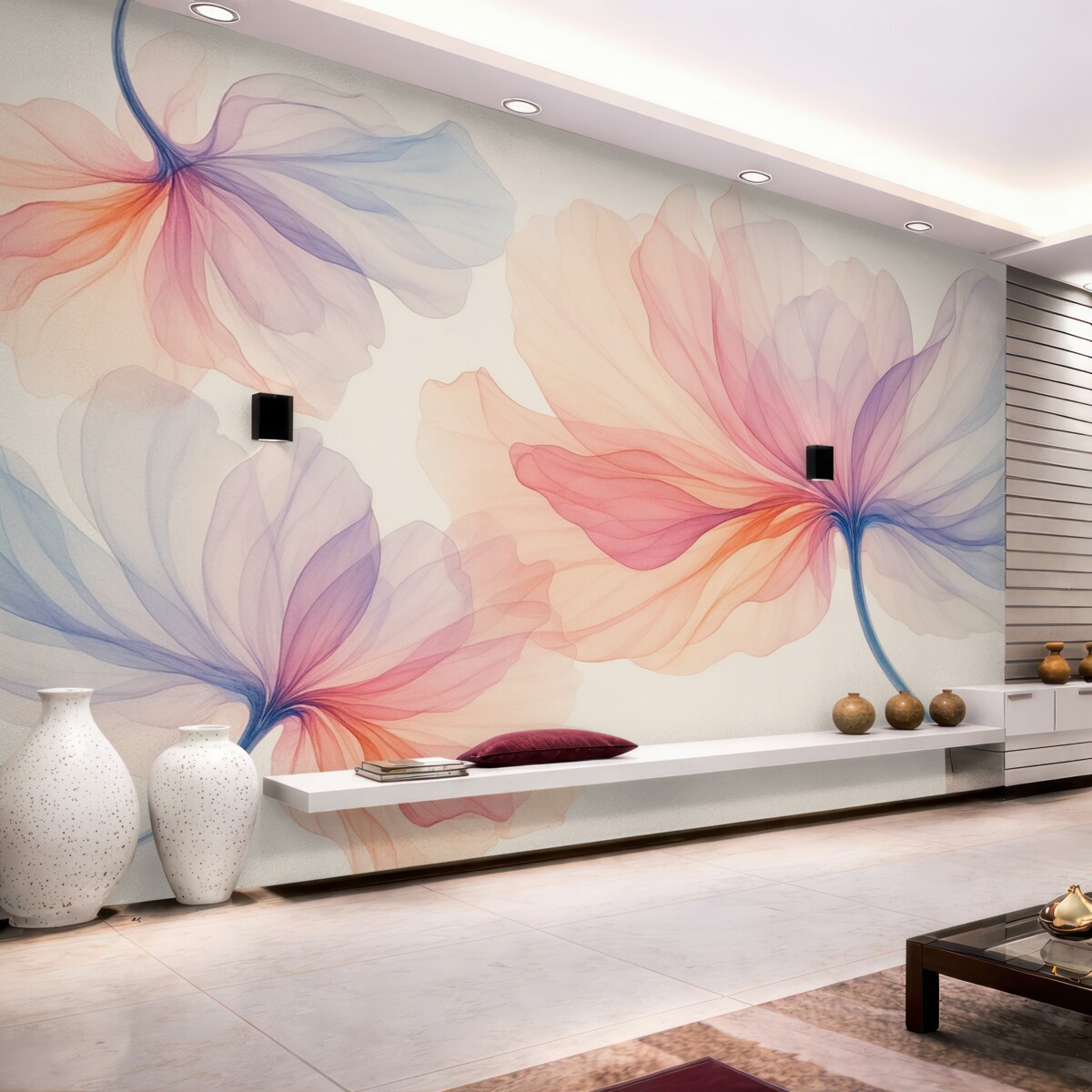 Fototapeta świeże przezroczyste barwne kwiaty na jasnobrązowym tle