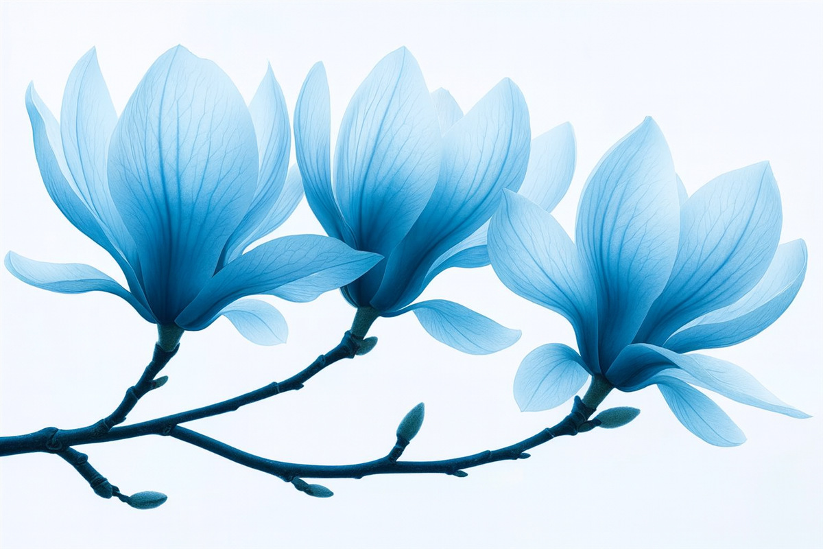 Fototapeta łagodne niebieskie kwiaty magnolii na konarach