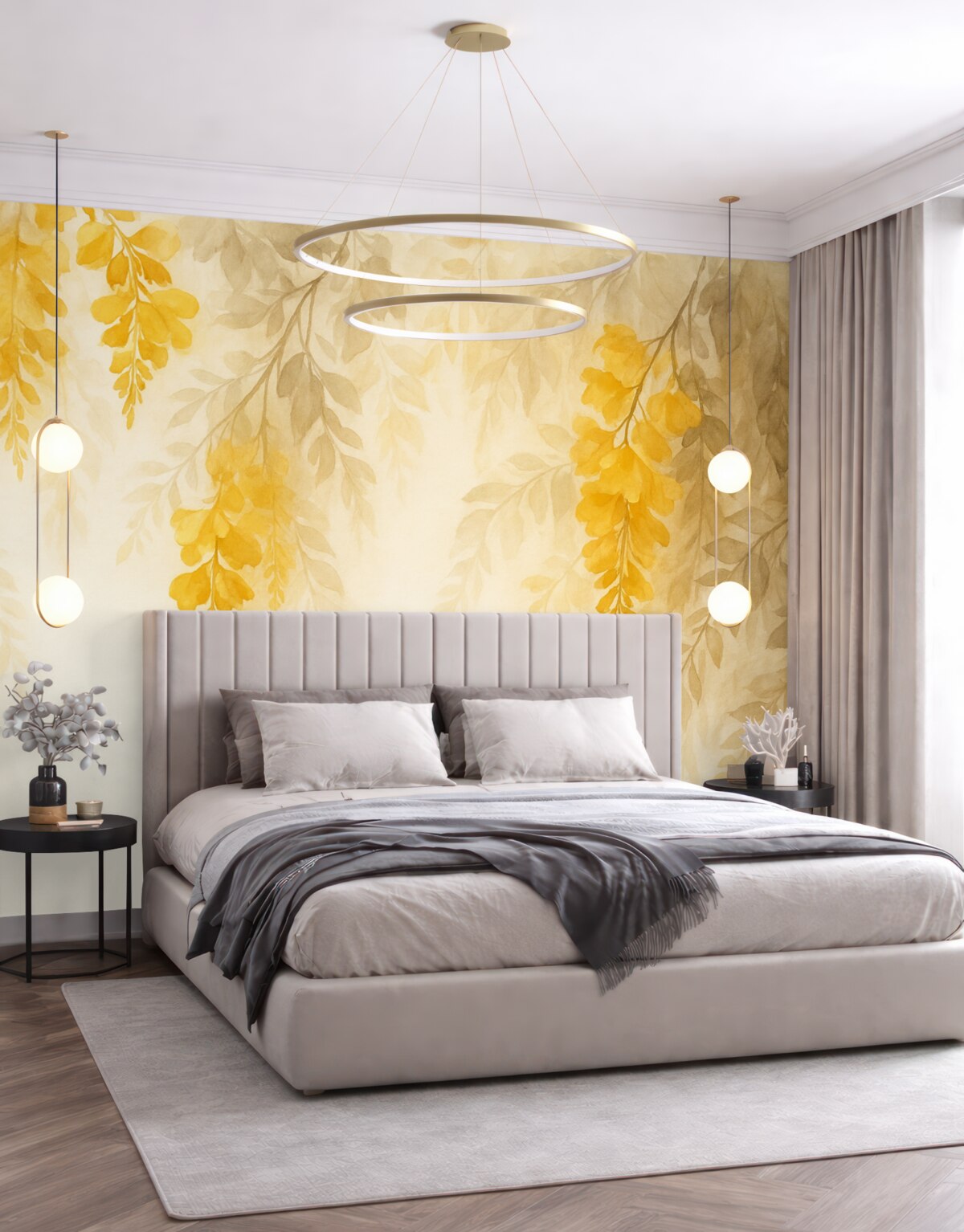 Fototapeta Postacie opadających gałęzi z liśćmi przypominają akwarelę.