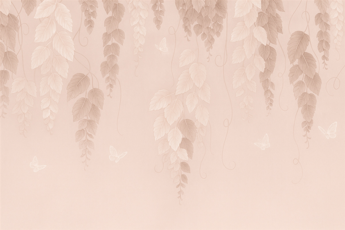 Fototapeta Zawieszone liście i różowe motyle.