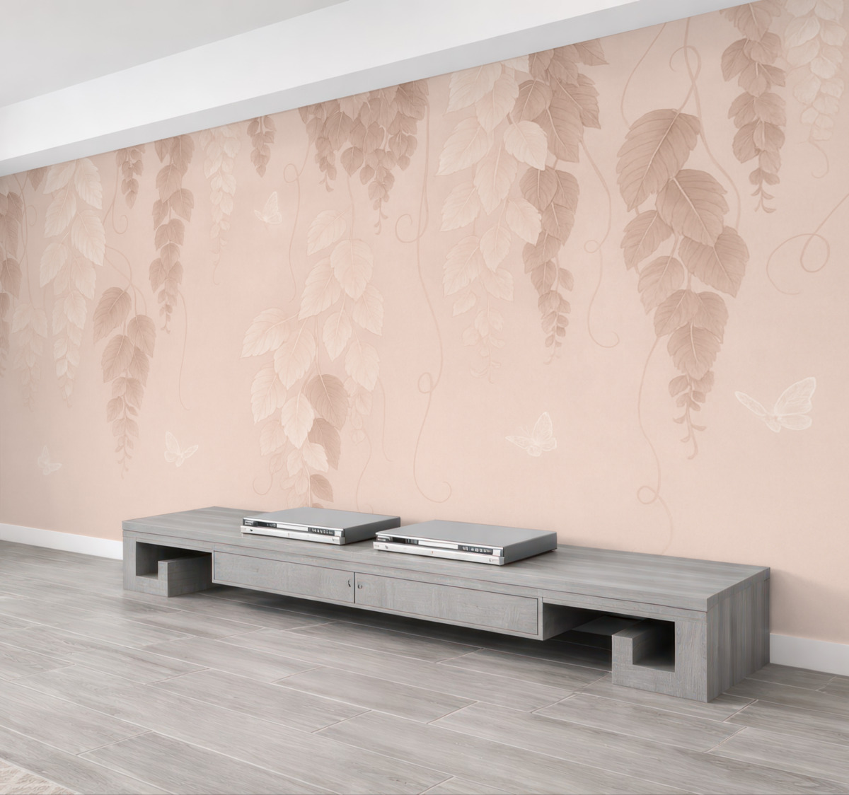 Fototapeta Zawieszone liście i różowe motyle.