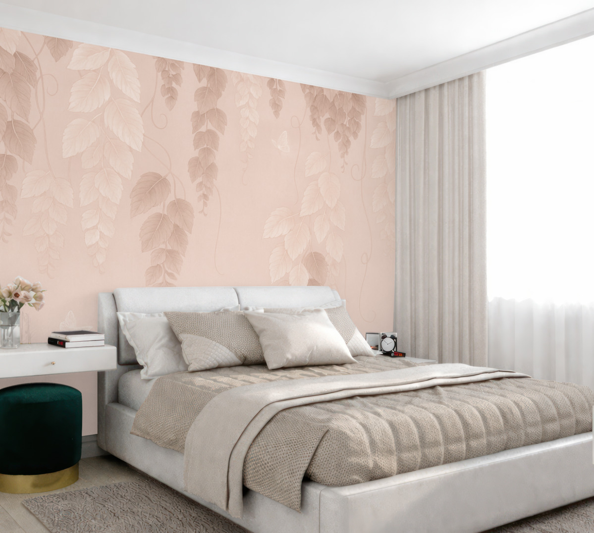 Fototapeta Zawieszone liście i różowe motyle.