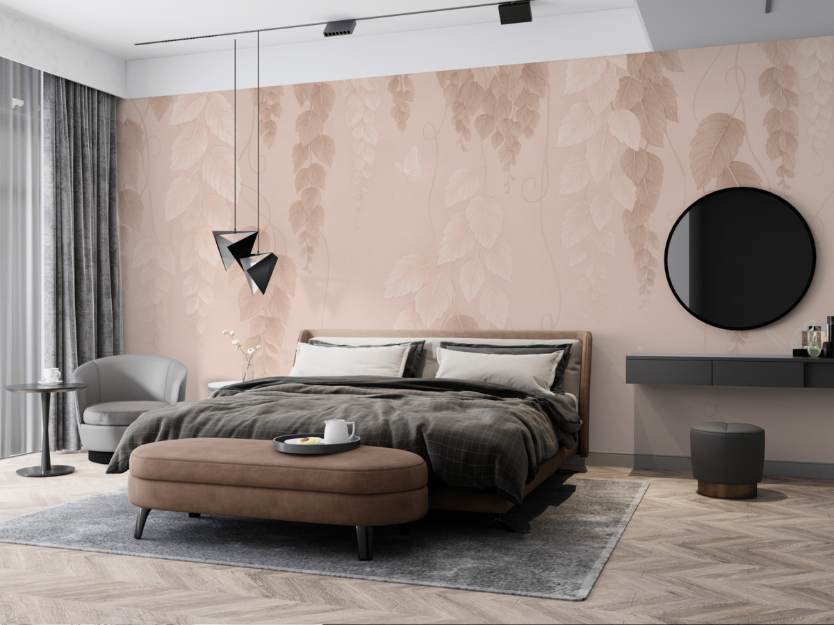 Fototapeta Zawieszone liście i różowe motyle.