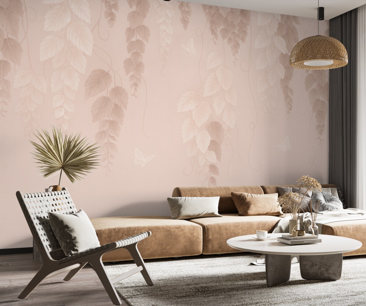 Fototapeta Zawieszone liście i różowe motyle.