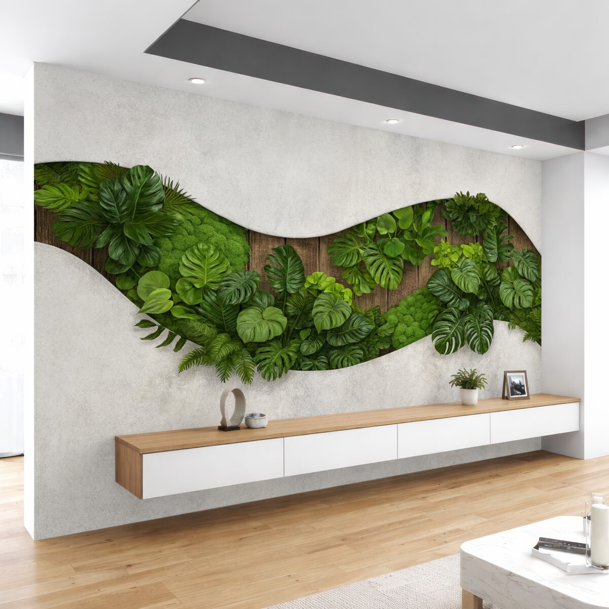 Fototapeta Dekoracja ścienna z roślinami, mchem, palmowymi liśćmi, drewniana podstawa.