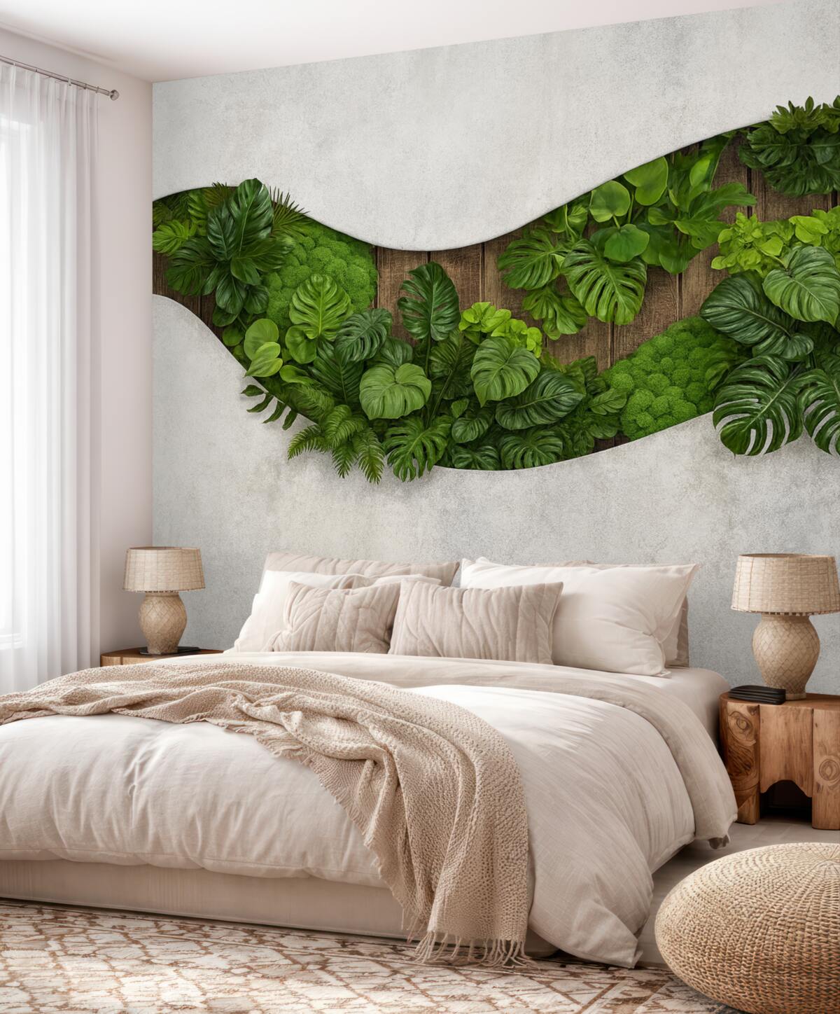 Fototapeta Dekoracja ścienna z roślinami, mchem, palmowymi liśćmi, drewniana podstawa.