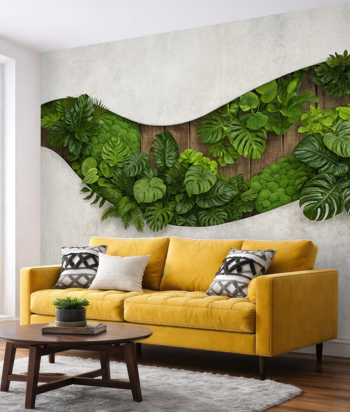 Fototapeta Dekoracja ścienna z roślinami, mchem, palmowymi liśćmi, drewniana podstawa.