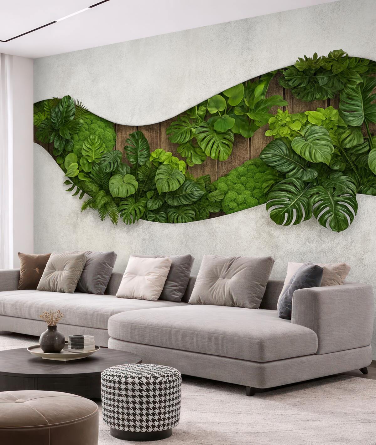 Fototapeta Dekoracja ścienna z roślinami, mchem, palmowymi liśćmi, drewniana podstawa.